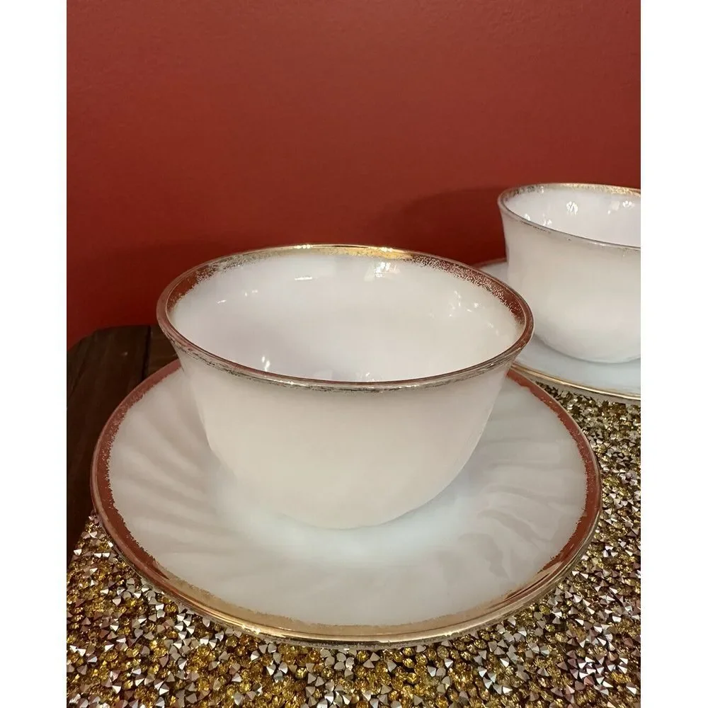 Vintage Fire King Oven Ware White Swirl Milk Glass‎ Gold Rim 2 Cup & 5 Saucers